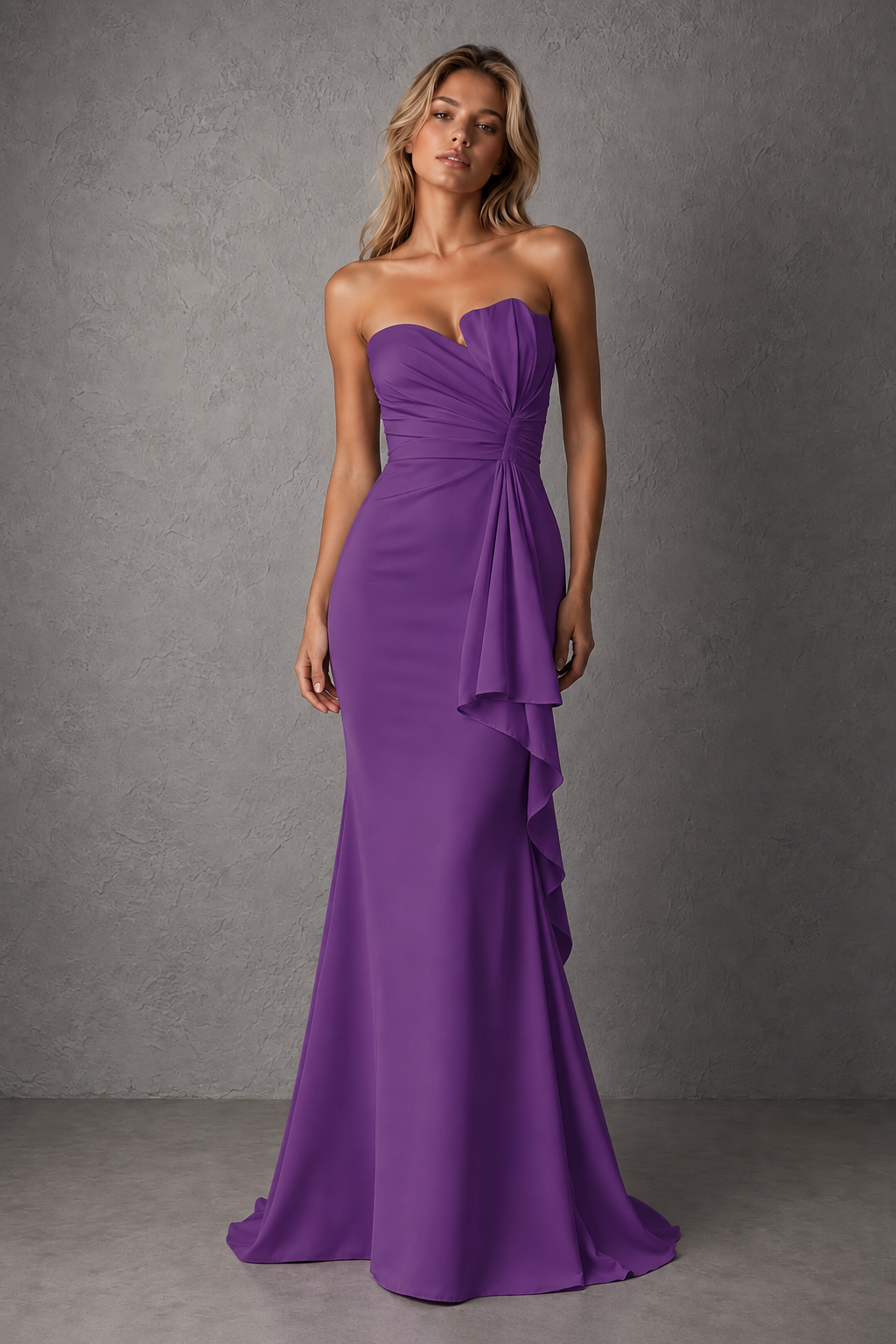 BOLODOO Purple Strapless Sweetheart Ruched Mermaid Gown | Cascade Drape Formal Evening Dress - Purple