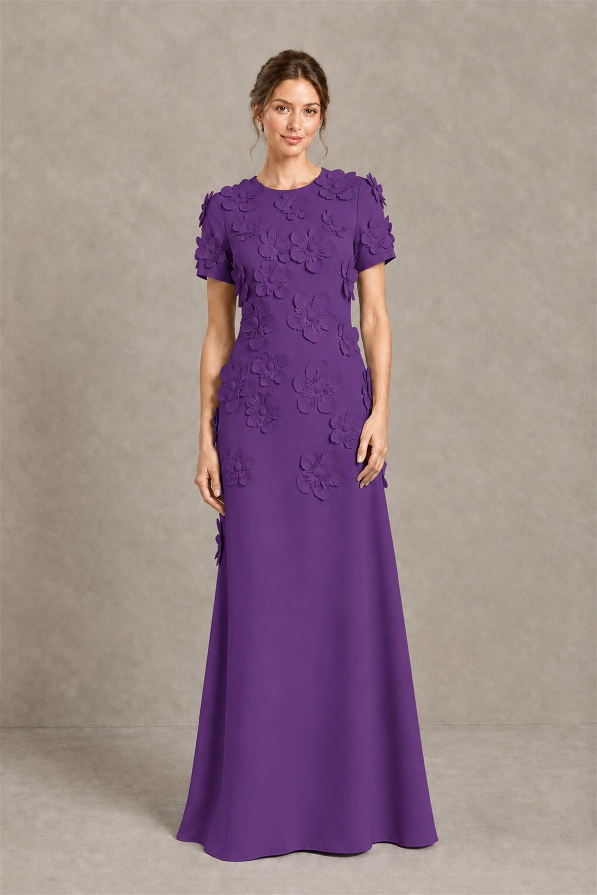 BOLODOO Purple Textured Floral Maxi Dress with Short Sleeves - Purple