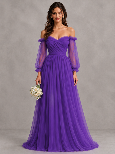 BOLODOO Purple Off-the-Shoulder Long Sleeve A-Line Bridesmaid Dress - Purple - Purple (1)