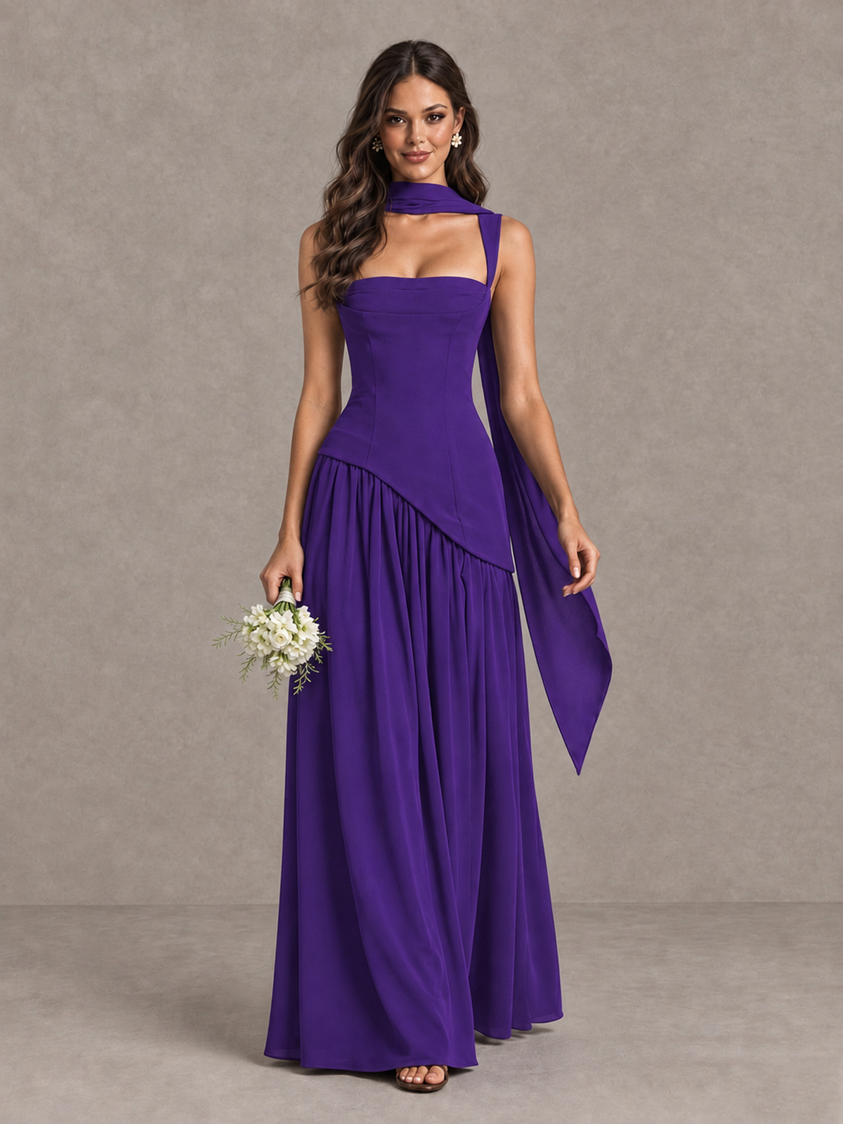 BOLODOO Purple Brown Scarf Bridesmaid Dress with Lace-Up Back - Purple - Purple (1)