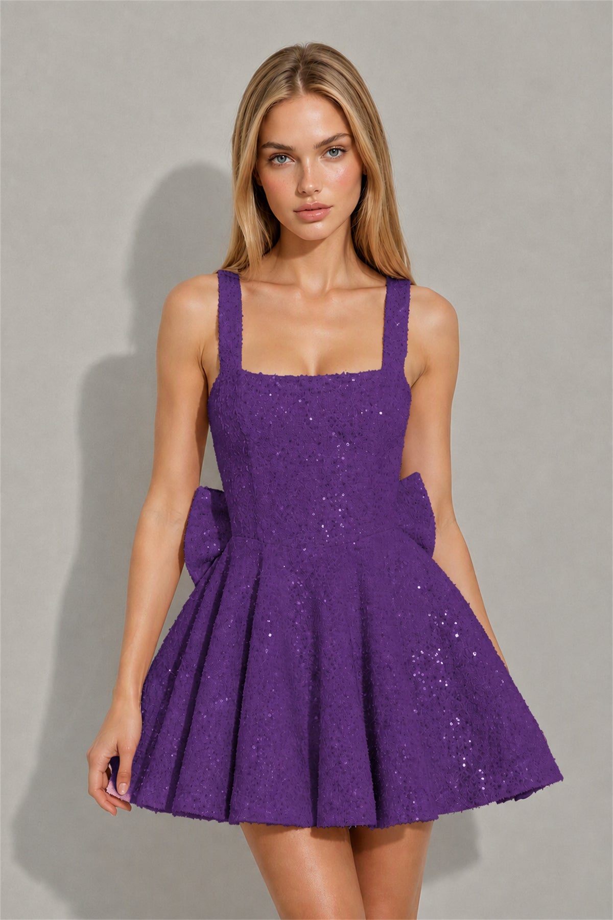 BOLODOO Purple Sequin Square Neck Wide Strap Bow Waist Open Back Fit and Flare Mini Dress | Prom Birthday Party Dress - Purple