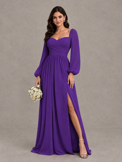 BOLODOO Purple Long Sleeve Chiffon Bridesmaid Dress with Slit - Purple - Purple (1)