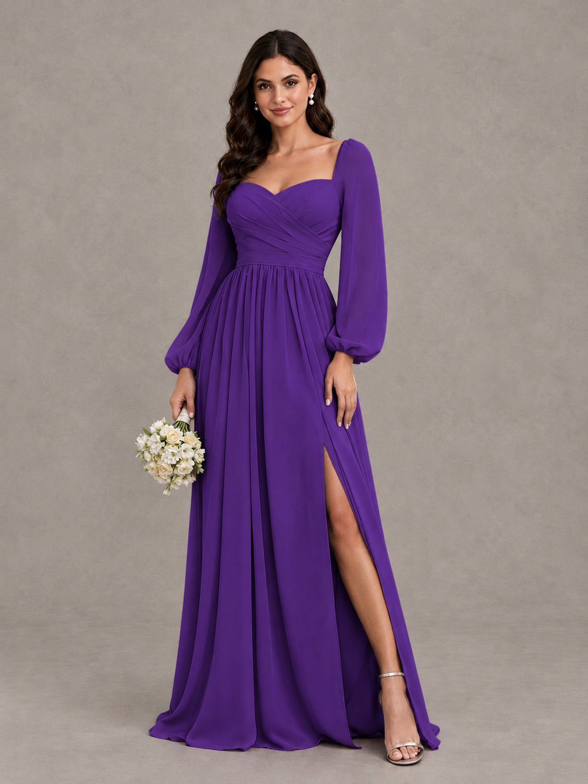 BOLODOO Purple Long Sleeve Chiffon Bridesmaid Dress with Slit - Purple - Purple (1)