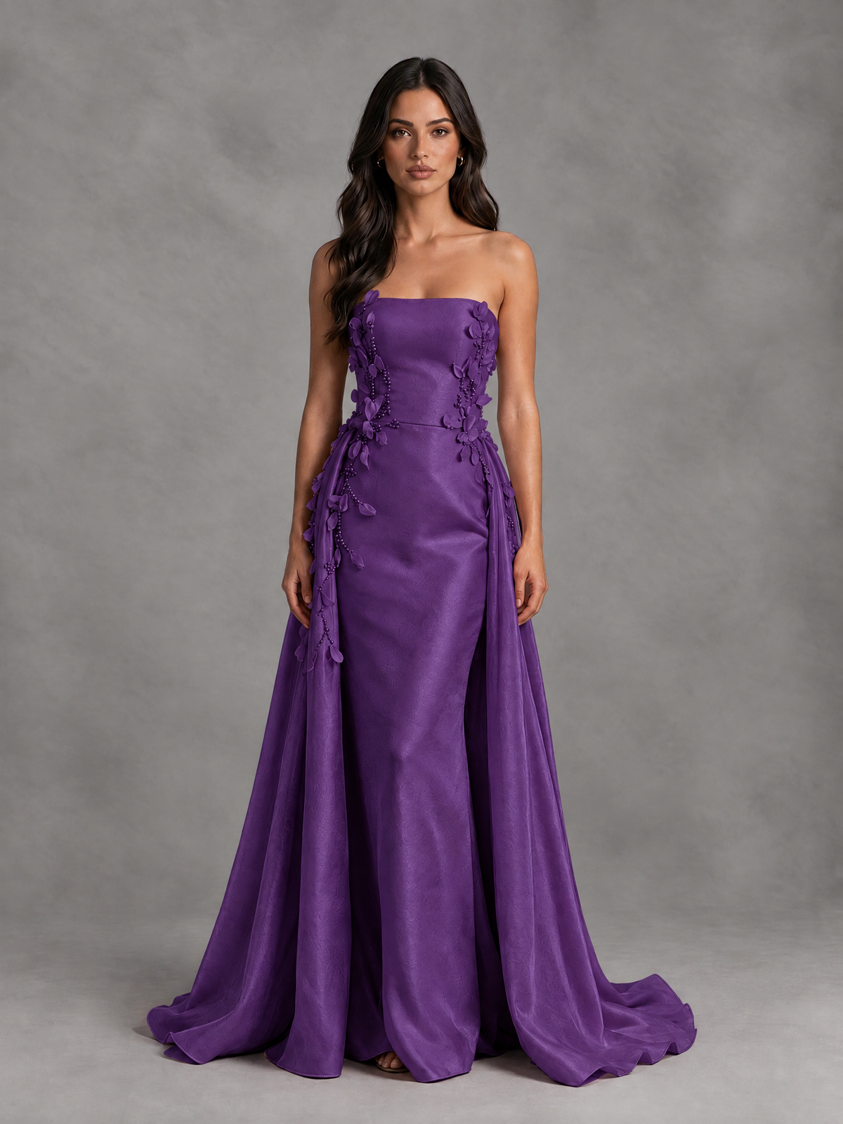 BOLODOO Purple Strapless Floral Applique Prom Dress with Overskirt - Purple - Purple (1)