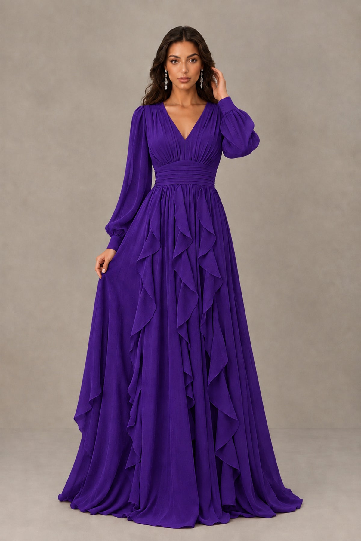 BOLODOO Purple Long Sleeve V-Neck Ruffle Maxi Dress - Purple - Purple (1)