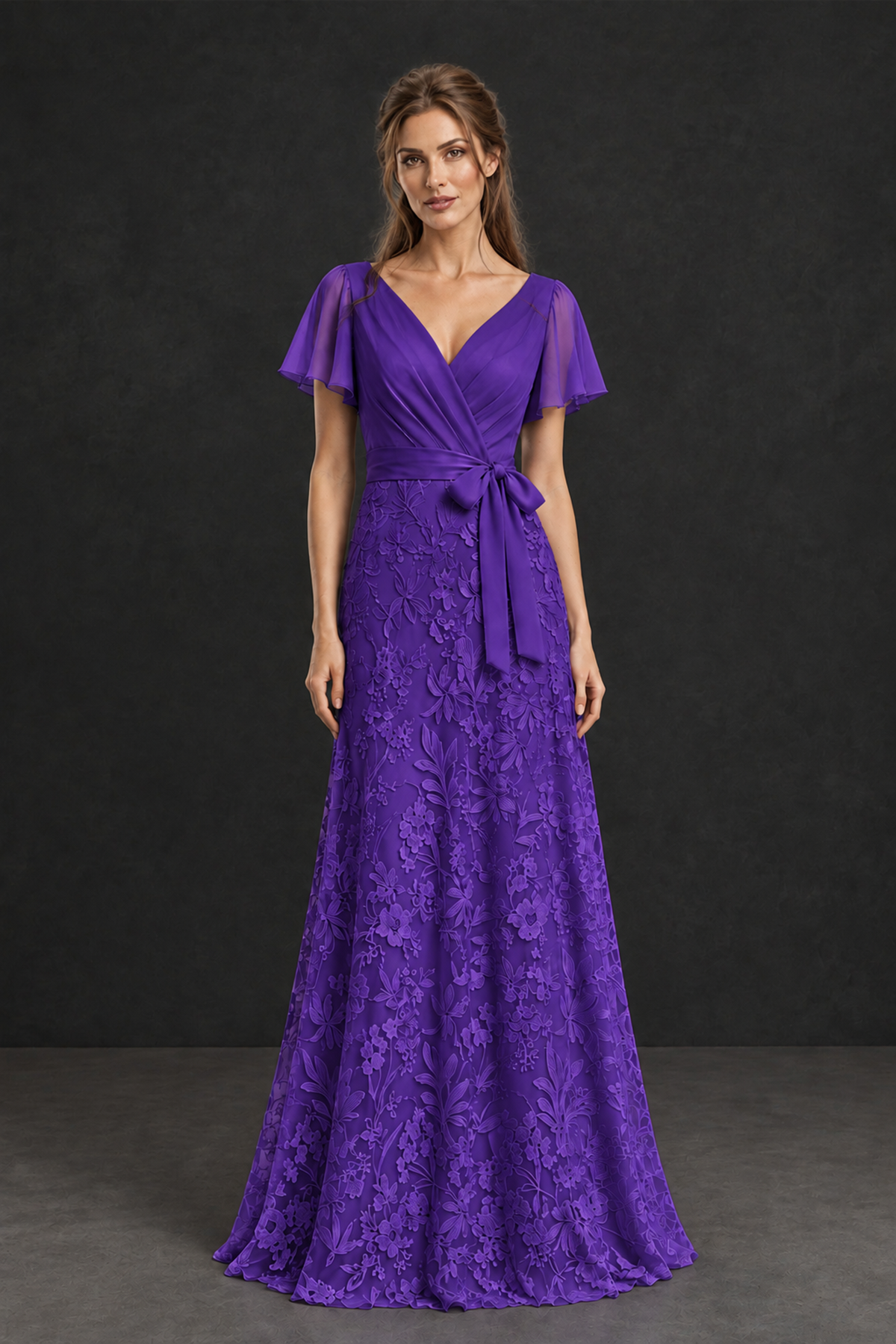 BOLODOO Purple Flutter Sleeve Lace Mother of the Bride Dress - Purple