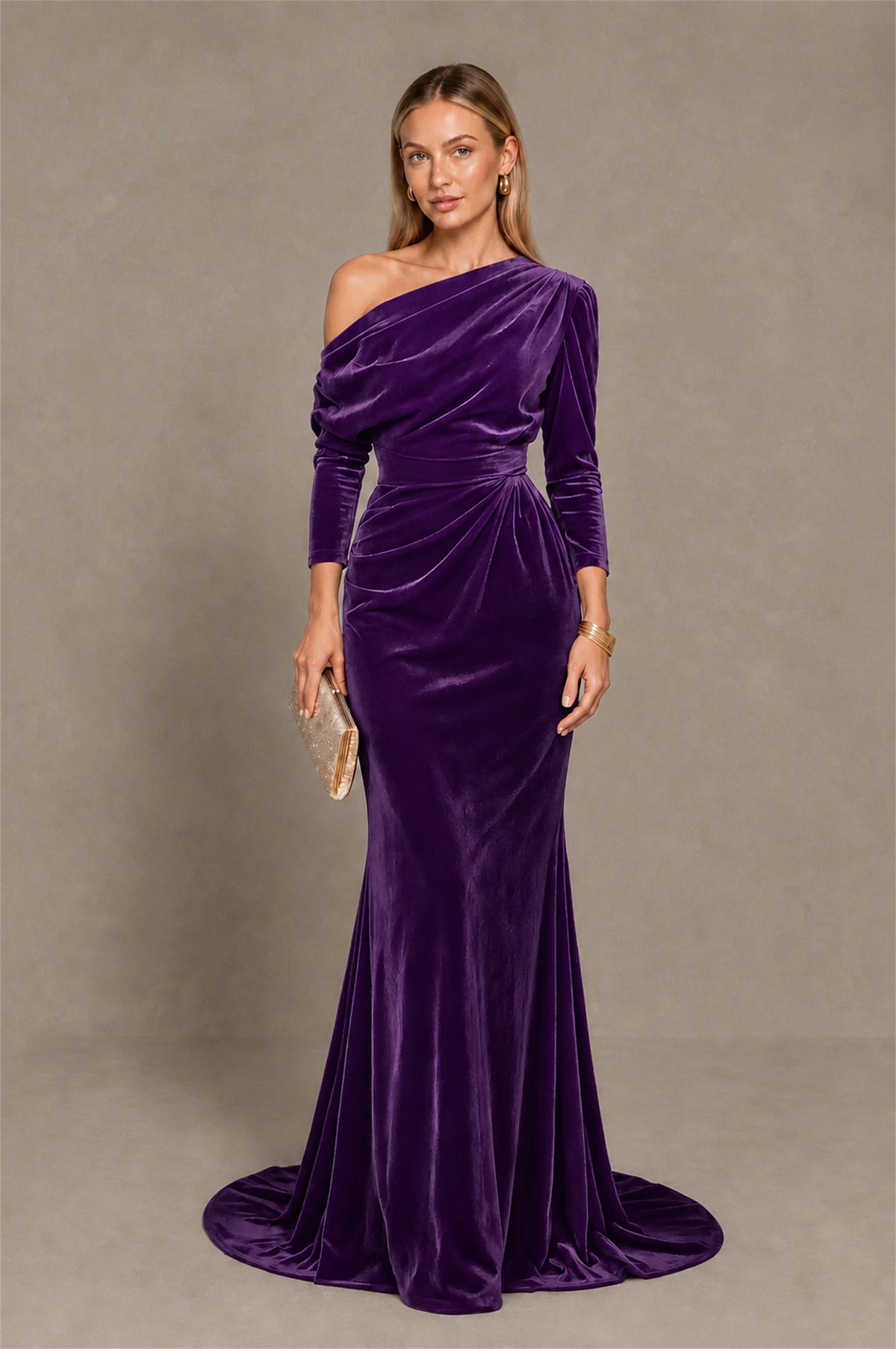 BOLODOO Purple Velvet One-Shoulder Long Sleeve Evening Gown - Purple