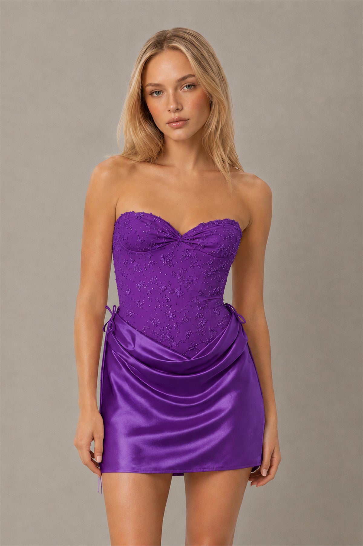BOLODOO Purple Lace Corset Strapless Sweetheart Satin Mini Dress with Open Back - Purple