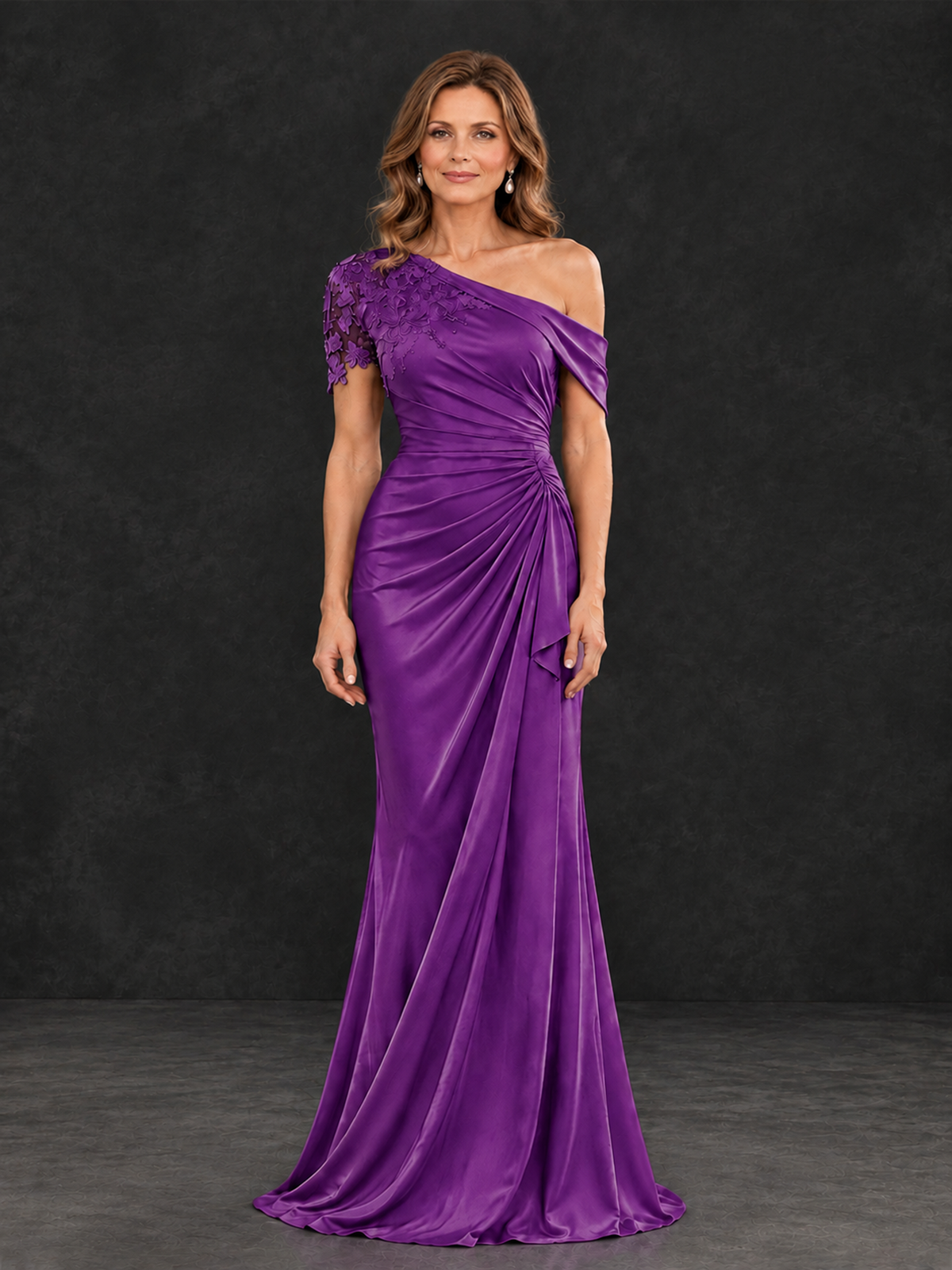 BOLODOO Purple Asymmetric Satin Mother of the Bride Dress with Lace Sleeve - Purple - Purple (1)