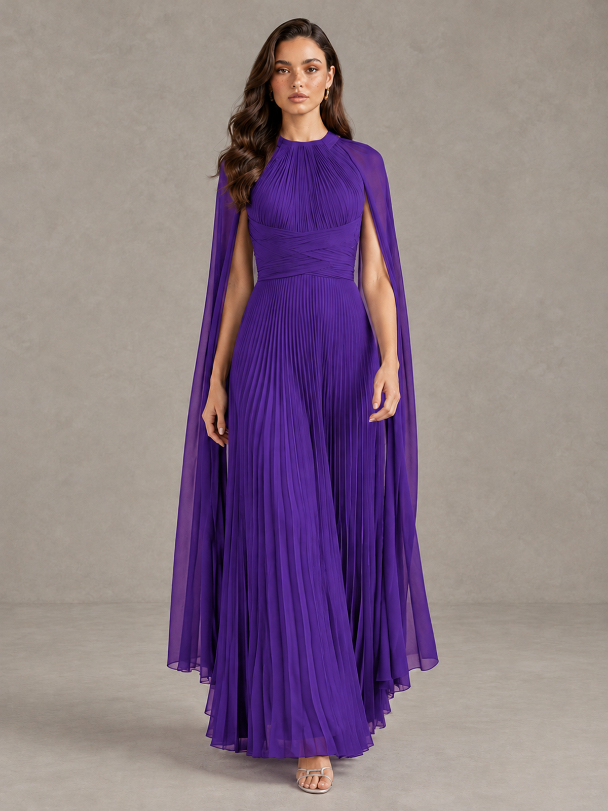 BOLODOO Purple Pleated Cape Maxi Wedding Guest Dress - Purple - Purple (1)
