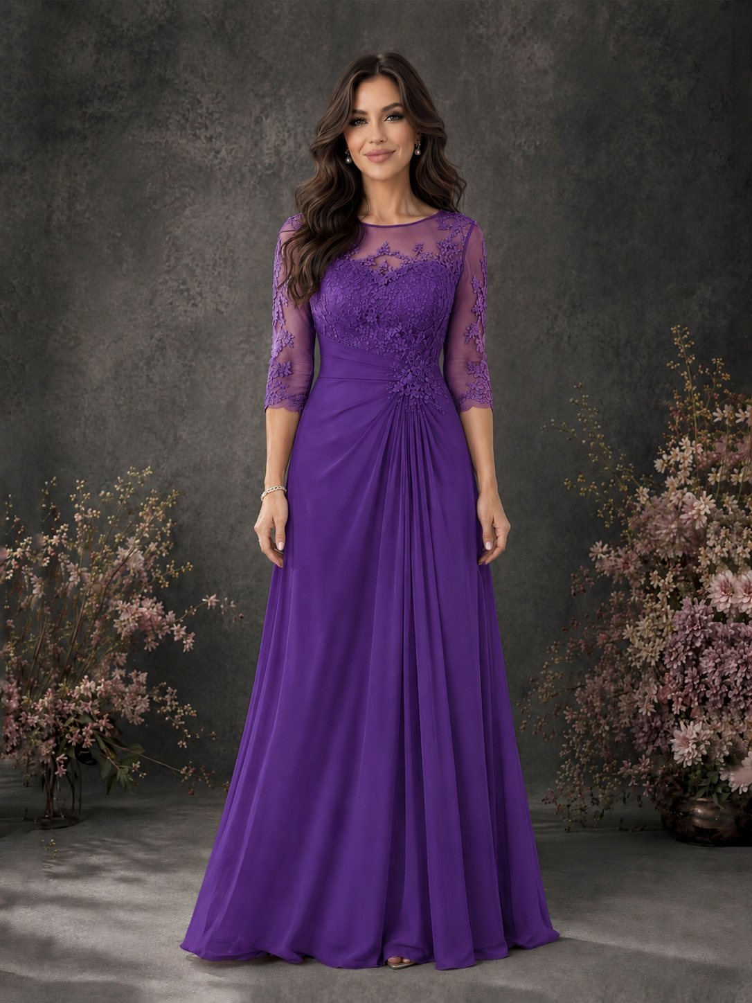 BOLODOO Purple Chiffon Lace Illusion Neckline 3/4 Sleeve Floor Length Formal Gown - Purple