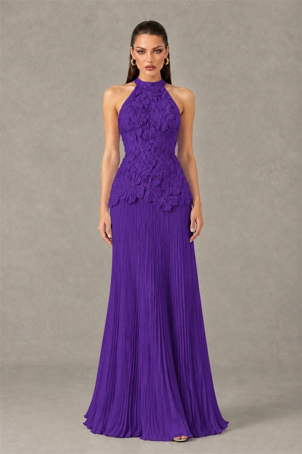 BOLODOO Purple 3D Floral Applique Halter Neck Open Back Pleated Maxi Dress - Purple