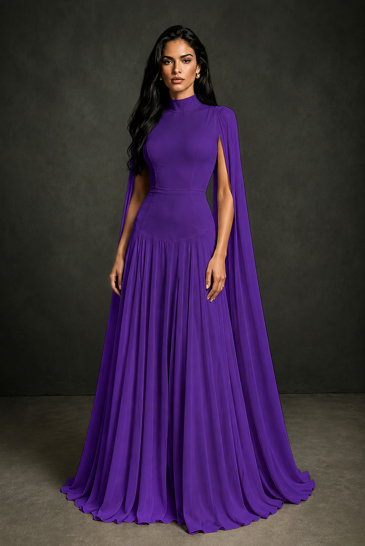 BOLODOO Purple Mock Neck Cape Sleeve A-Line Chiffon Maxi Dress - Purple