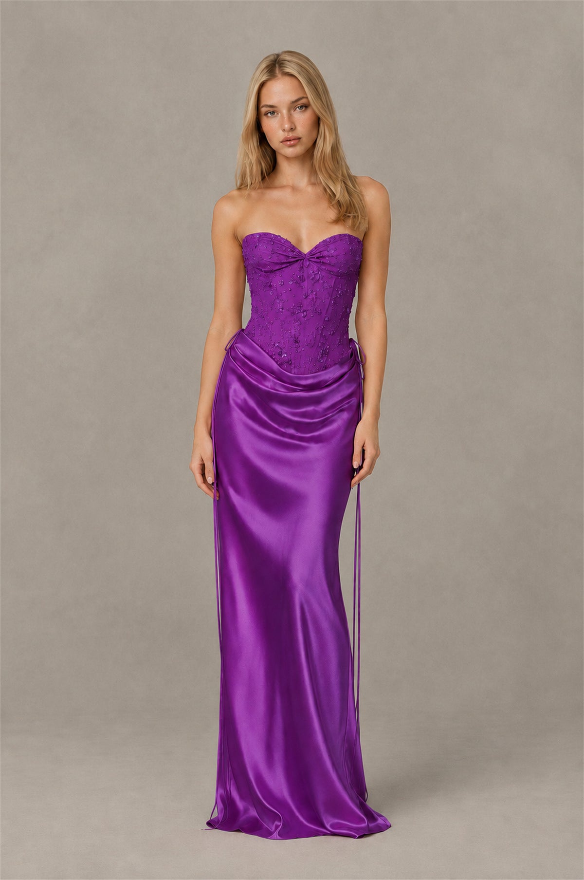 BOLODOO Purple Strapless Embellished Corset Satin-Look Maxi Dress - Purple