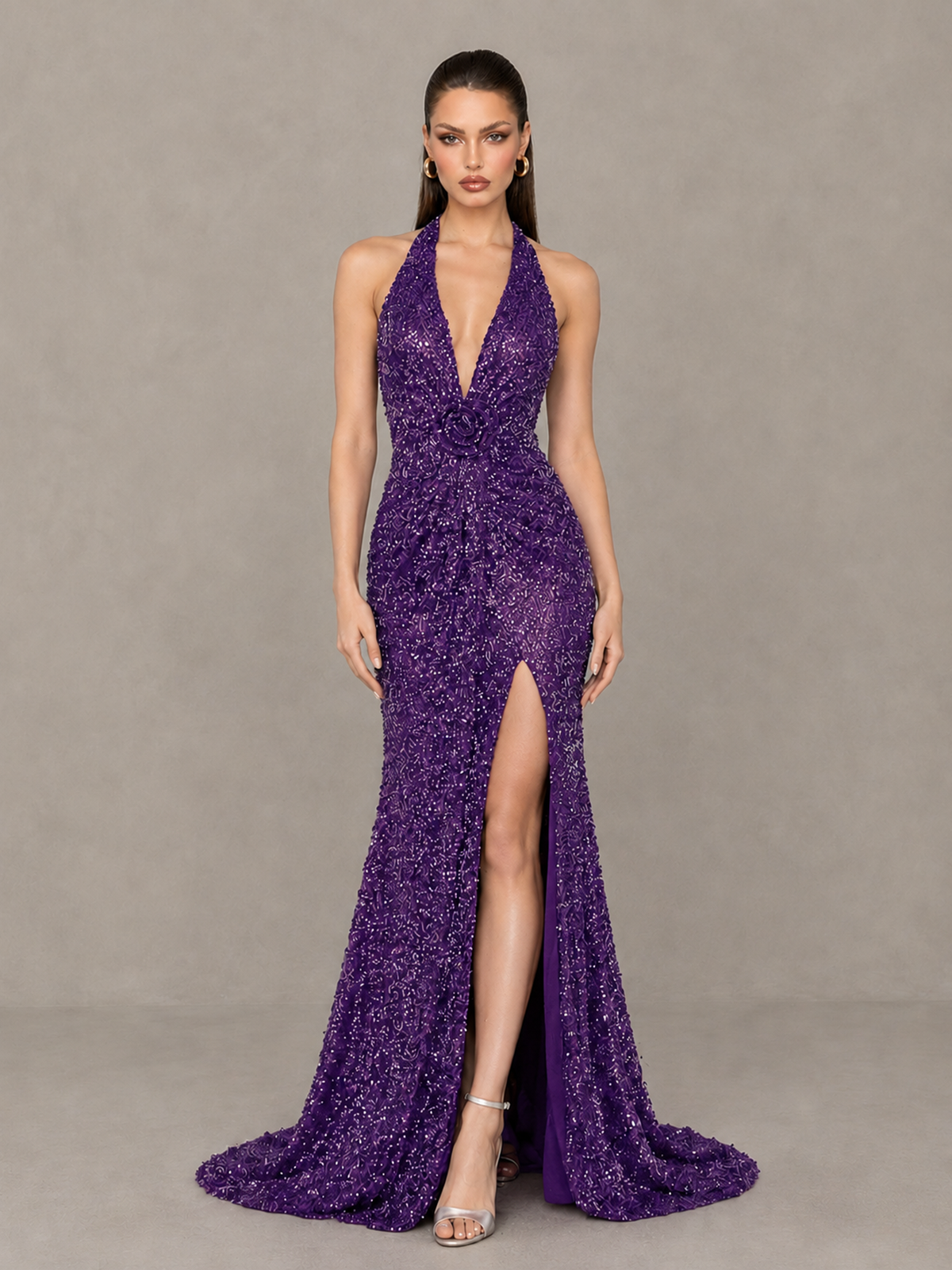 BOLODOO Purple Sequin Halter Open Back Evening Gown with High Slit - Purple - Purple (1)