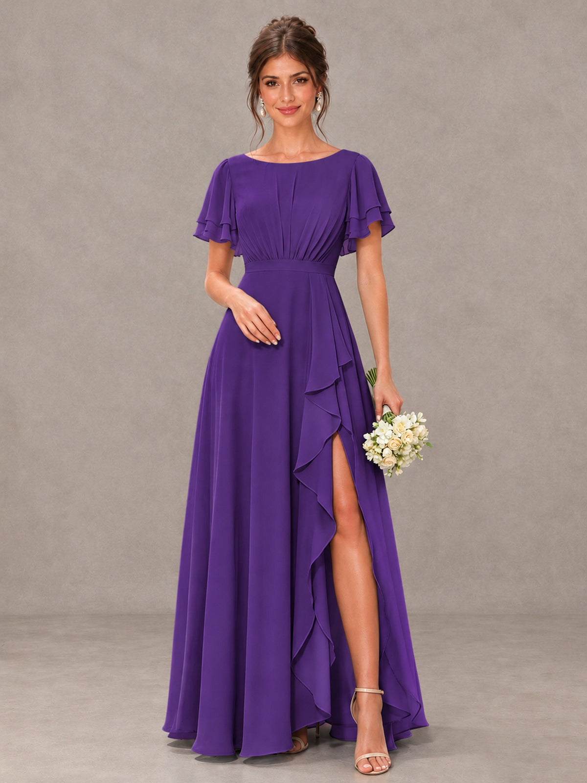 BOLODOO Purple Flutter Sleeve Ruffle Bridesmaid Dress with Slit - Purple - Purple (1)