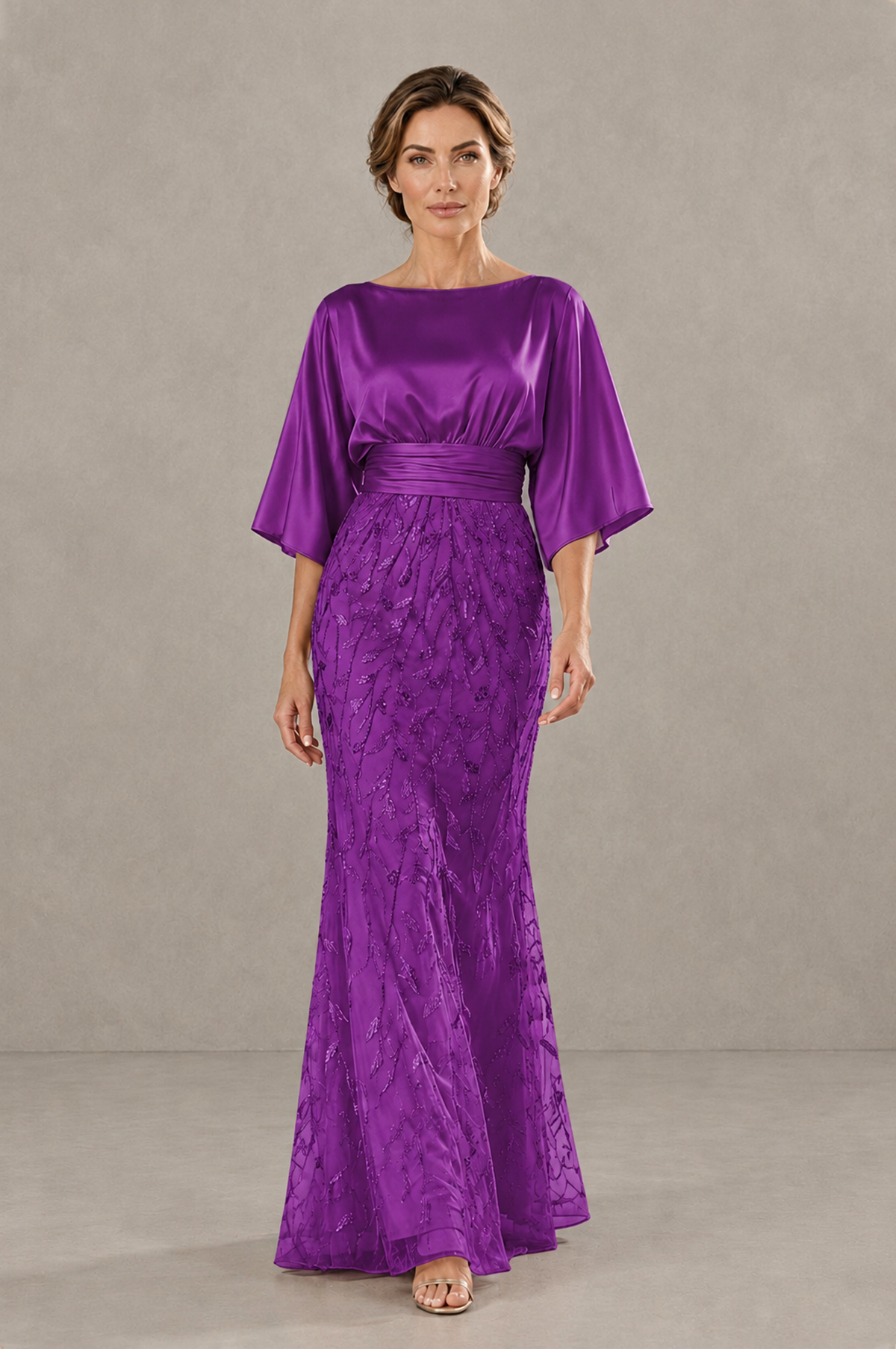 BOLODOO Purple Mother of the Bride Dress with Kimono Sleeves, Satin Bodice & Sequin Embroidered Mermaid Floor-Length Gown - Purple - Purple (1)