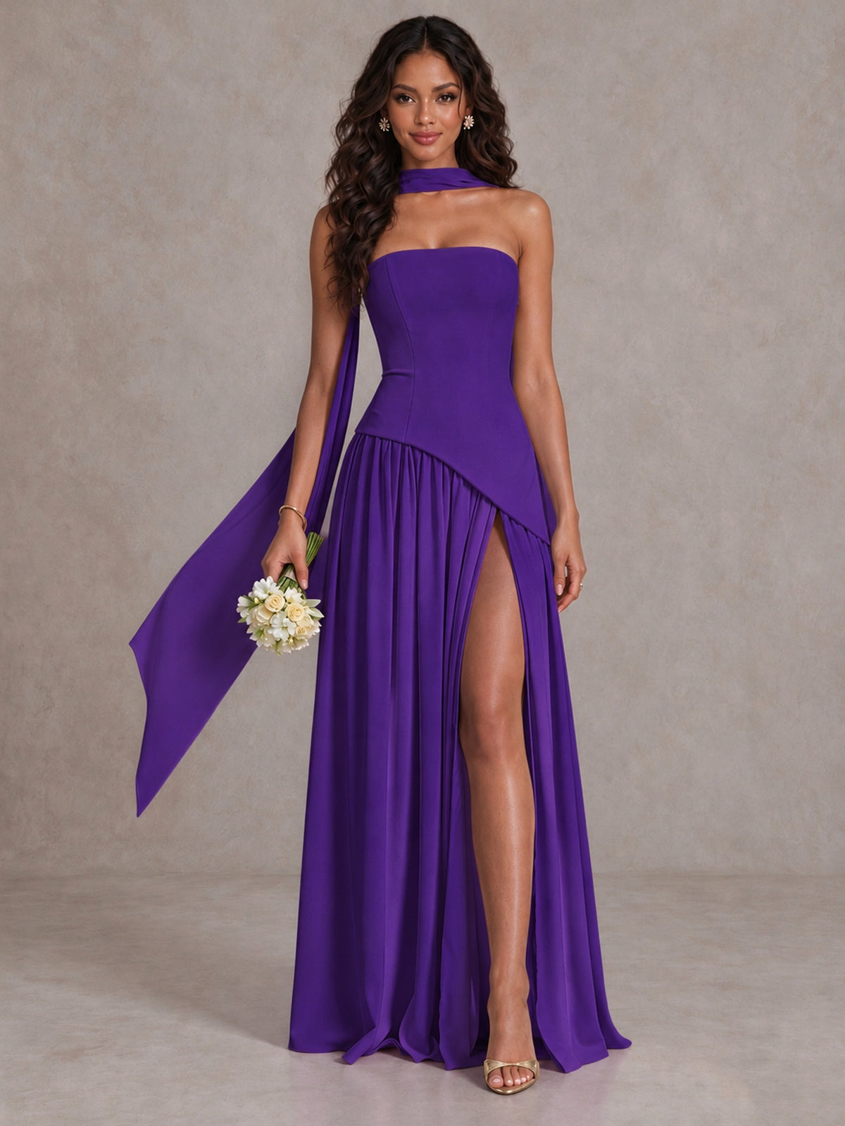 Purple Strapless Bridesmaid Dress with Scarf & High Slit - Purple - Purple (1)