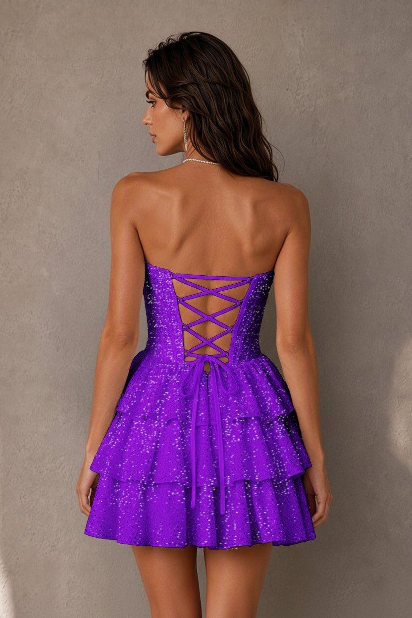 BOLODOO Navy Rhinestone Strapless Corset Tiered Ruffle Lace-Up Back Homecoming Mini Dress - Purple - Purple