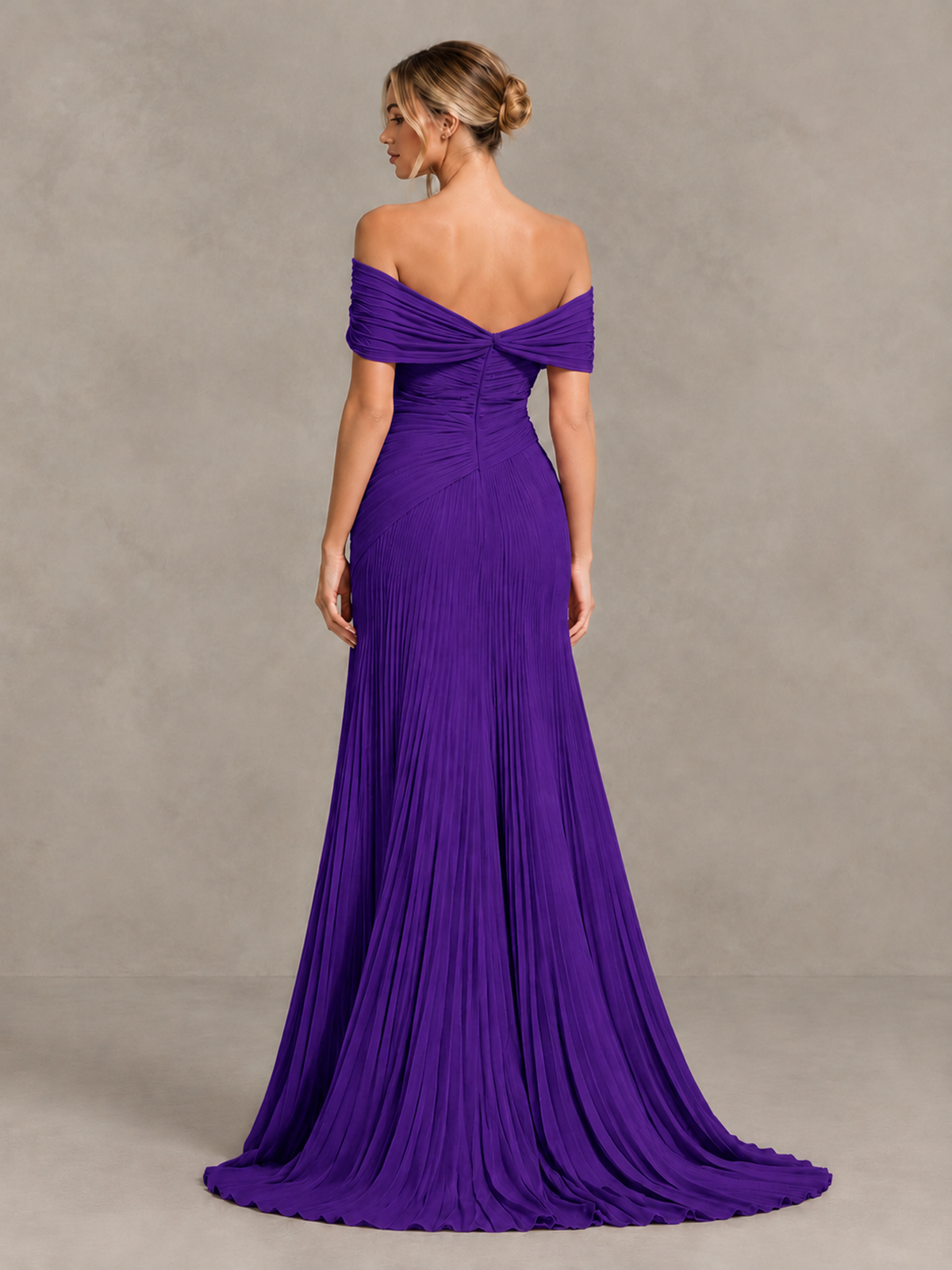 BOLODOO Purple Off-Shoulder Ruched Pleated Maxi Dress with High Slit - Purple - Purple (2)