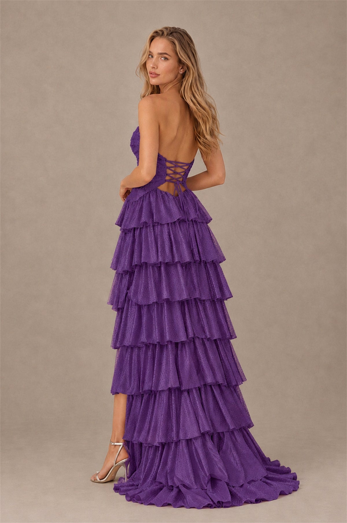 BOLODOO Purple Strapless Cutout Tiered Ruffle Prom Dress with High Slit - Purple - Purple (2)