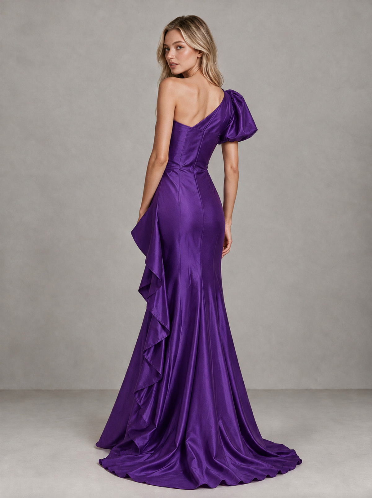 BOLODOO Purple One-Shoulder Satin-Look Mermaid Evening Dress with Ruffles - Purple - Purple (2)