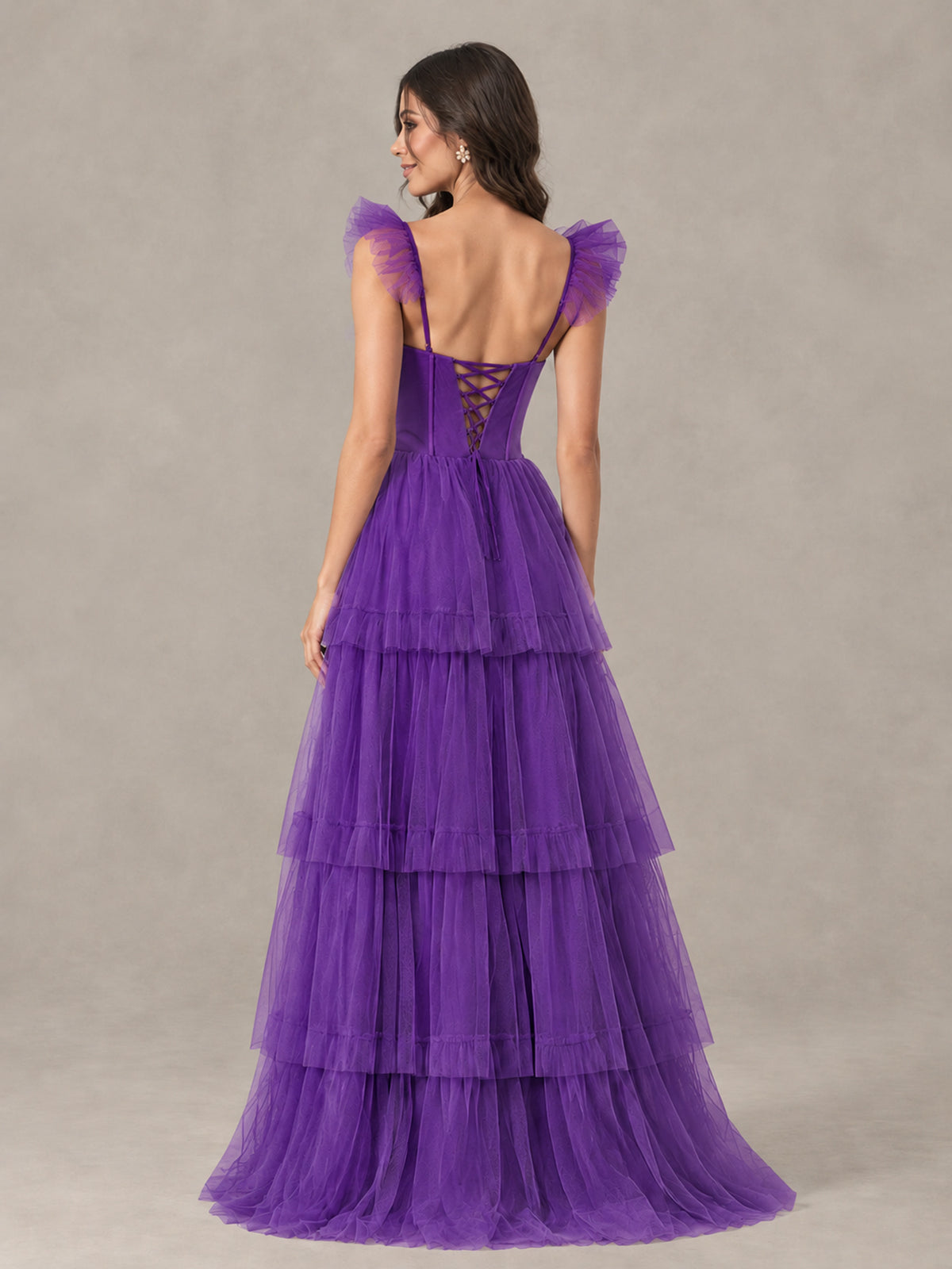 BOLODOO Purple Tiered Tulle Bridesmaid Dress with Slit - Purple - Purple (2)