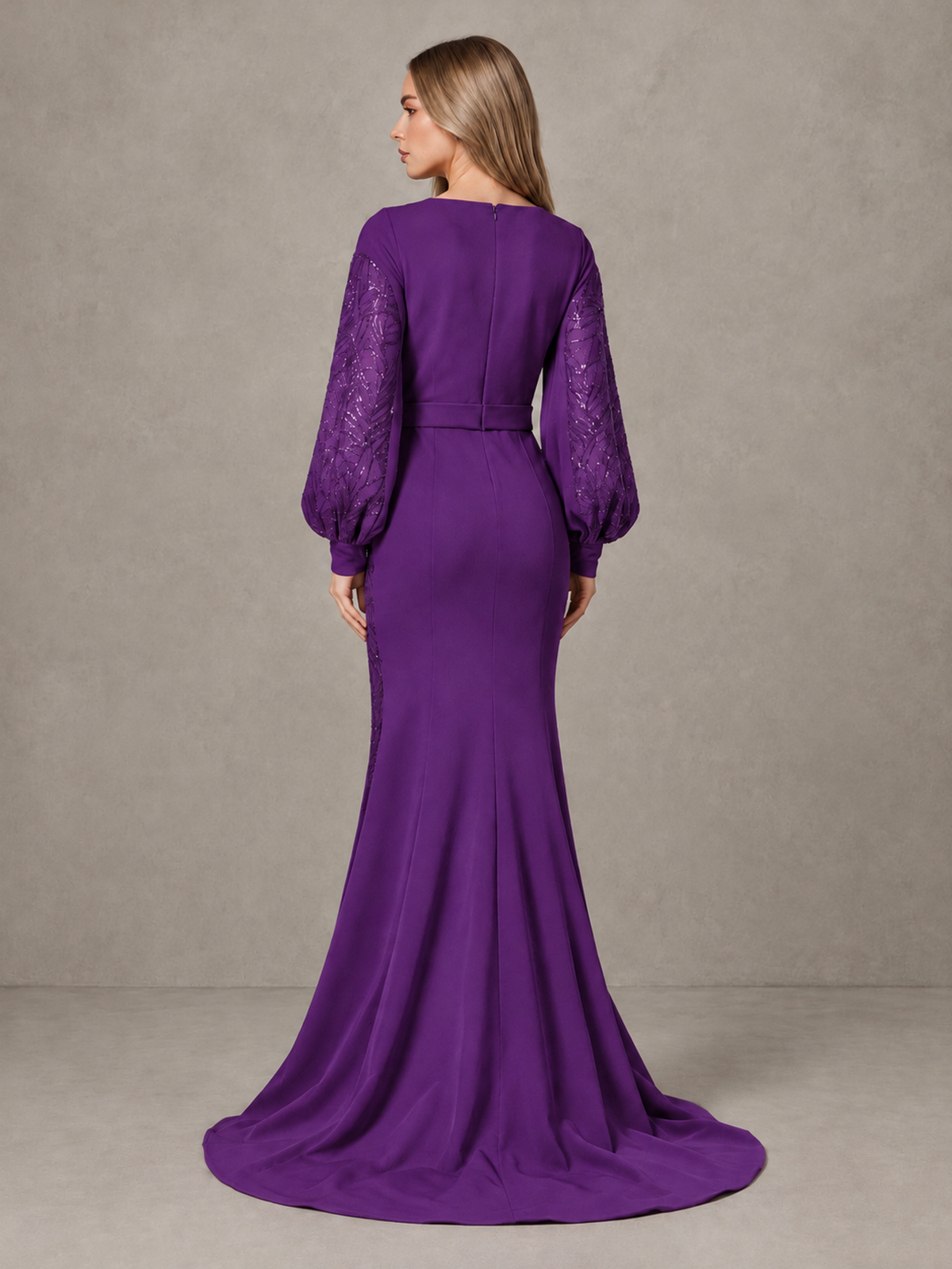 BOLODOO Purple Sequin Long Bishop Sleeve Mermaid Evening Dress - Purple - Purple (2)
