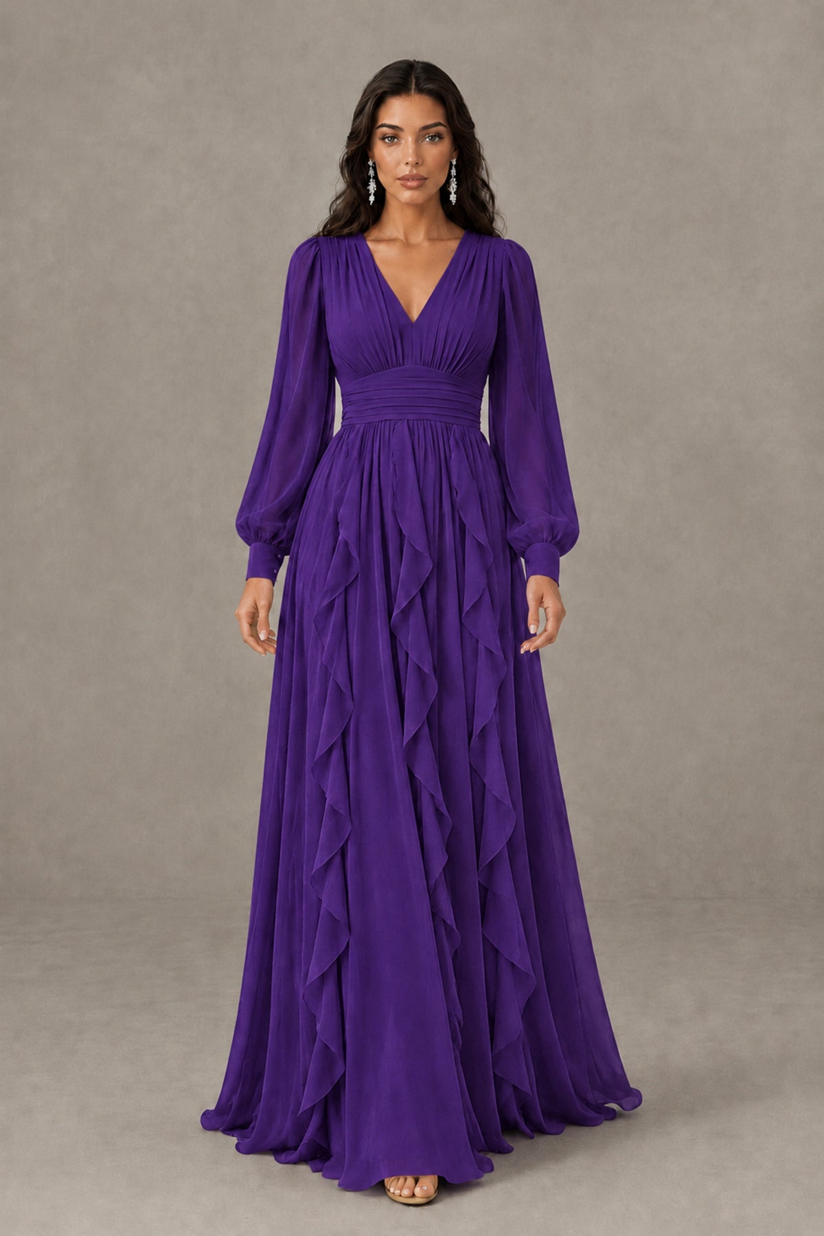BOLODOO Purple Long Sleeve V-Neck Ruffle Maxi Dress - Purple - Purple (2)
