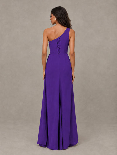 BOLODOO Purple One-Shoulder Chiffon Bridesmaid Dress with Ruched Bodice & High Slit - Purple - Purple (2)