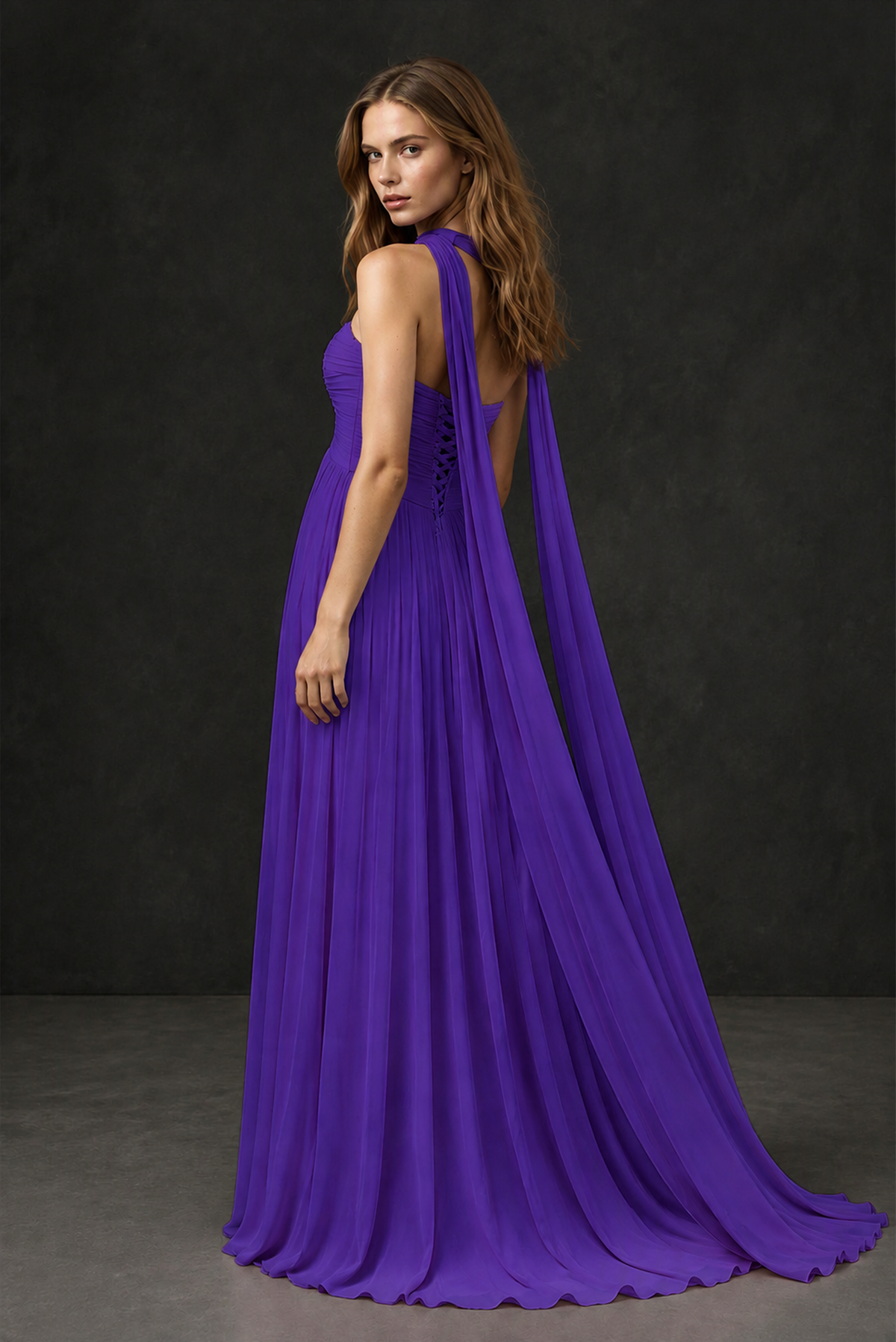 BOLODOO Purple Sweetheart Strapless Twist Knot Detached Halter Scarf Lace-Up Back Empire Waist Chiffon Maxi Dress - Purple