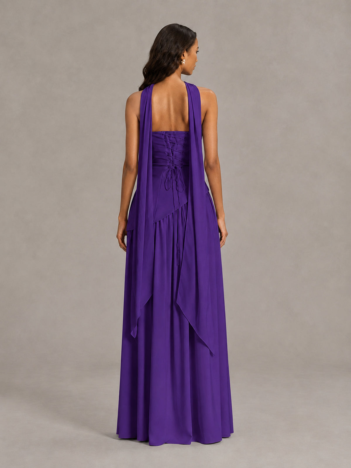 Purple Strapless Bridesmaid Dress with Scarf & High Slit - Purple - Purple (2)