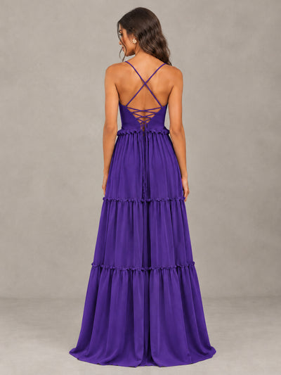 BOLODOO Purple Tiered V-Neck Lace-Up Back Bridesmaid Dress - Purple - Purple (2)