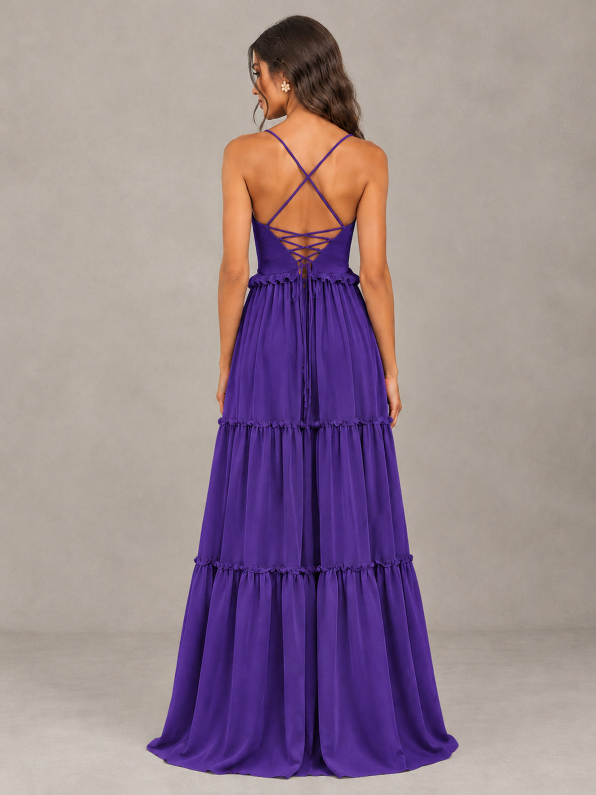 BOLODOO Purple Tiered V-Neck Lace-Up Back Bridesmaid Dress - Purple - Purple (2)