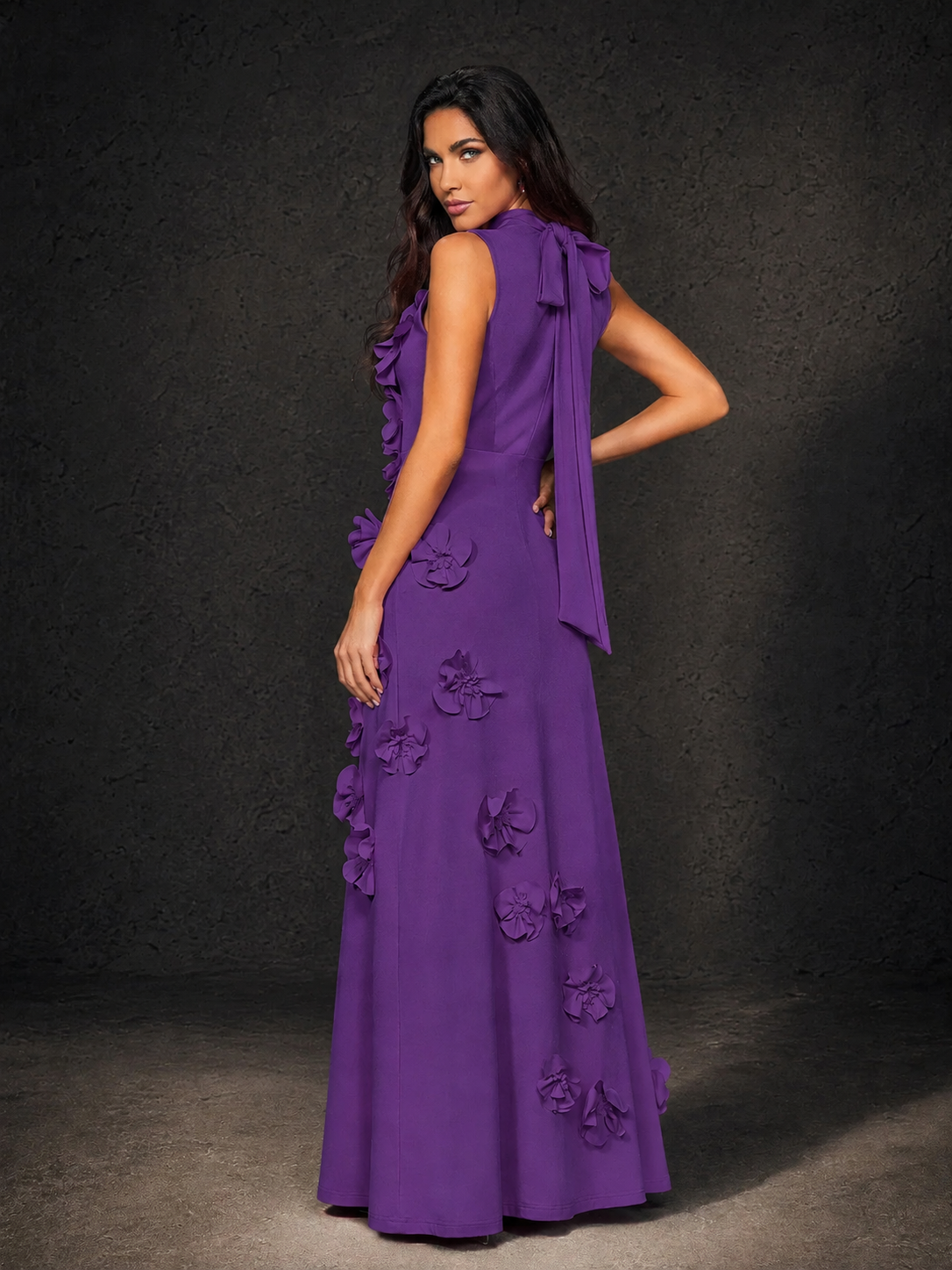 BOLODOO Purple Mock Neck Sleeveless 3D Floral Appliqué Maxi Dress with Bow Back - Purple