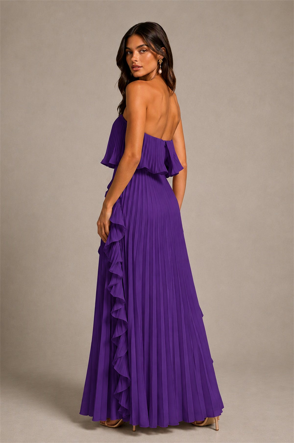 BOLODOO Purple Strapless Ruffle Bodice Dual Cascading Ruffle Accordion Pleated Chiffon Maxi Dress - Purple