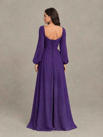 BOLODOO Purple Long Sleeve Chiffon Bridesmaid Dress with Slit - Purple - Purple (2)