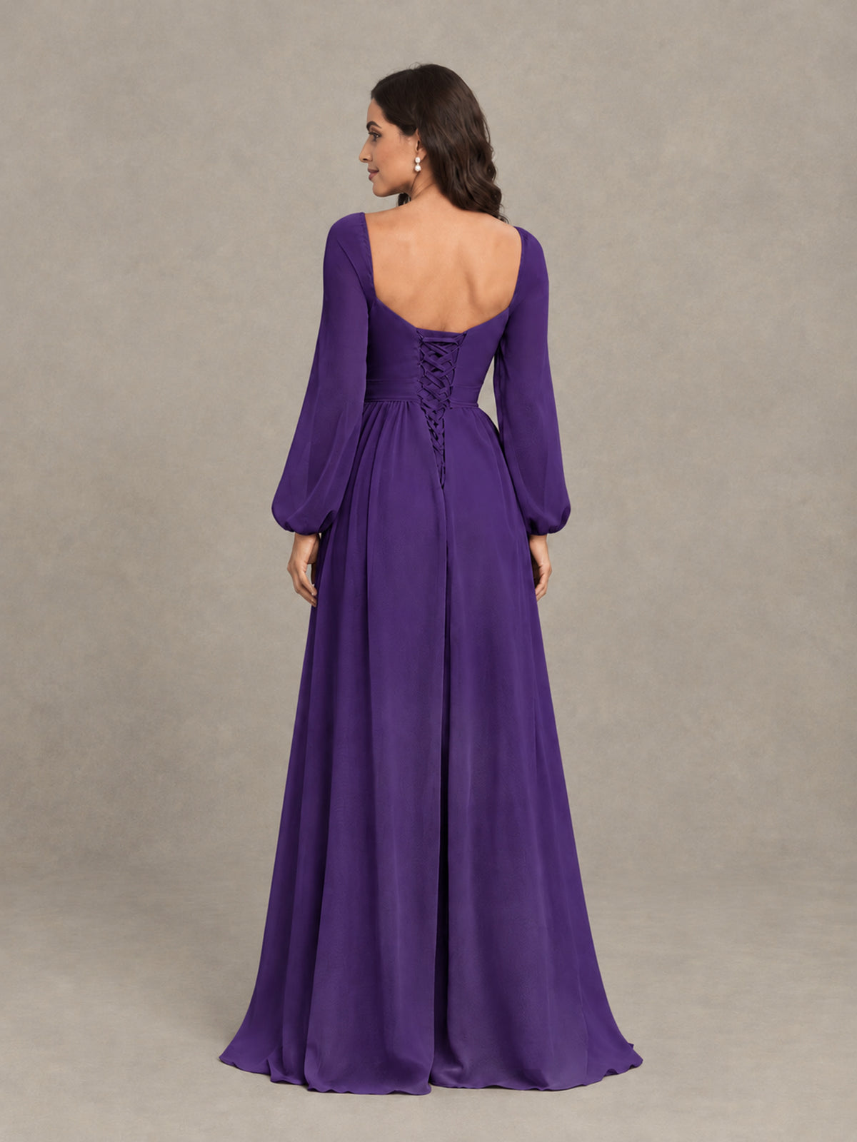 BOLODOO Purple Long Sleeve Chiffon Bridesmaid Dress with Slit - Purple - Purple (2)