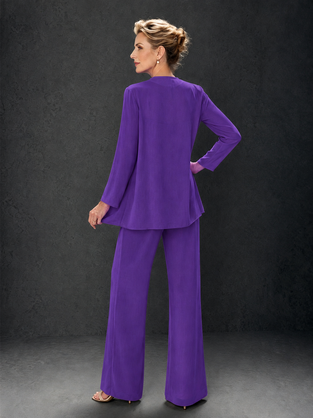 BOLODOO Purple 3-Piece Mother of the Bride Pant Suit with Beaded Top & Chiffon Jacket - Purple