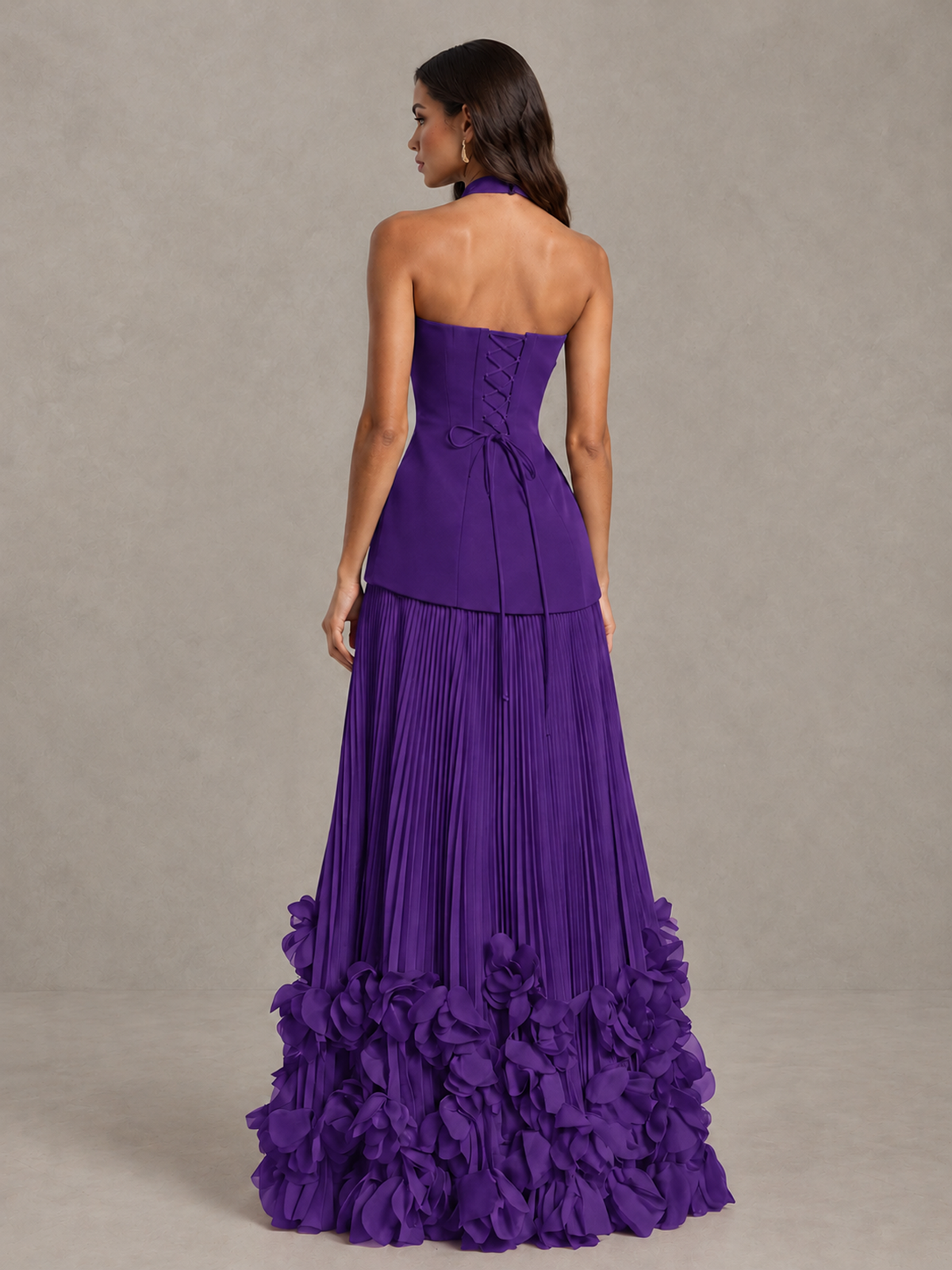 BOLODOO Purple Halter Neck Floor-Length Evening Gown with High Slit & 3D Floral Hem - Purple - Purple (2)