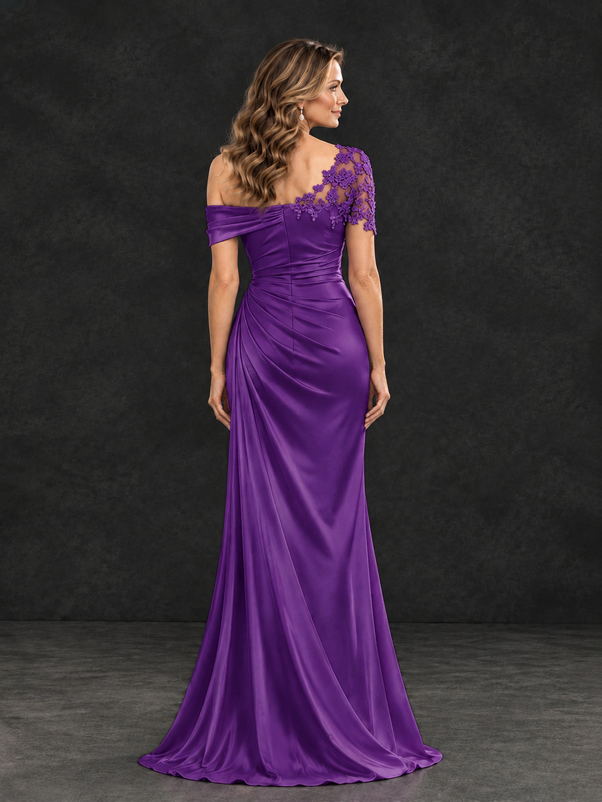 BOLODOO Purple Asymmetric Satin Mother of the Bride Dress with Lace Sleeve - Purple - Purple (2)