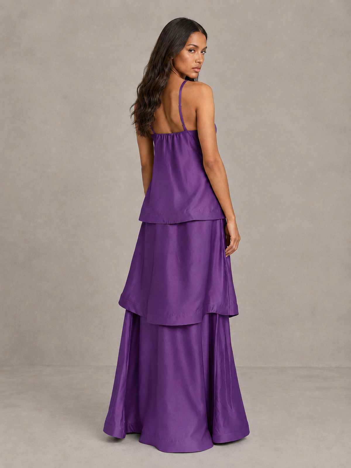 BOLODOO Purple Satin Tiered Maxi Dress with Spaghetti Straps - Purple
