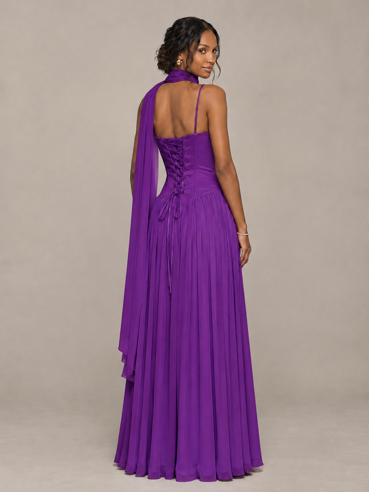 BOLODOO Purple Corset Bridesmaid Dress with Scarf - Purple - Purple (2)