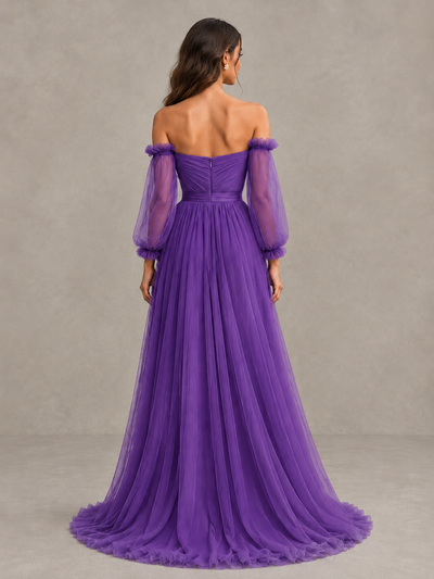 BOLODOO Purple Off-the-Shoulder Long Sleeve A-Line Bridesmaid Dress - Purple - Purple (2)