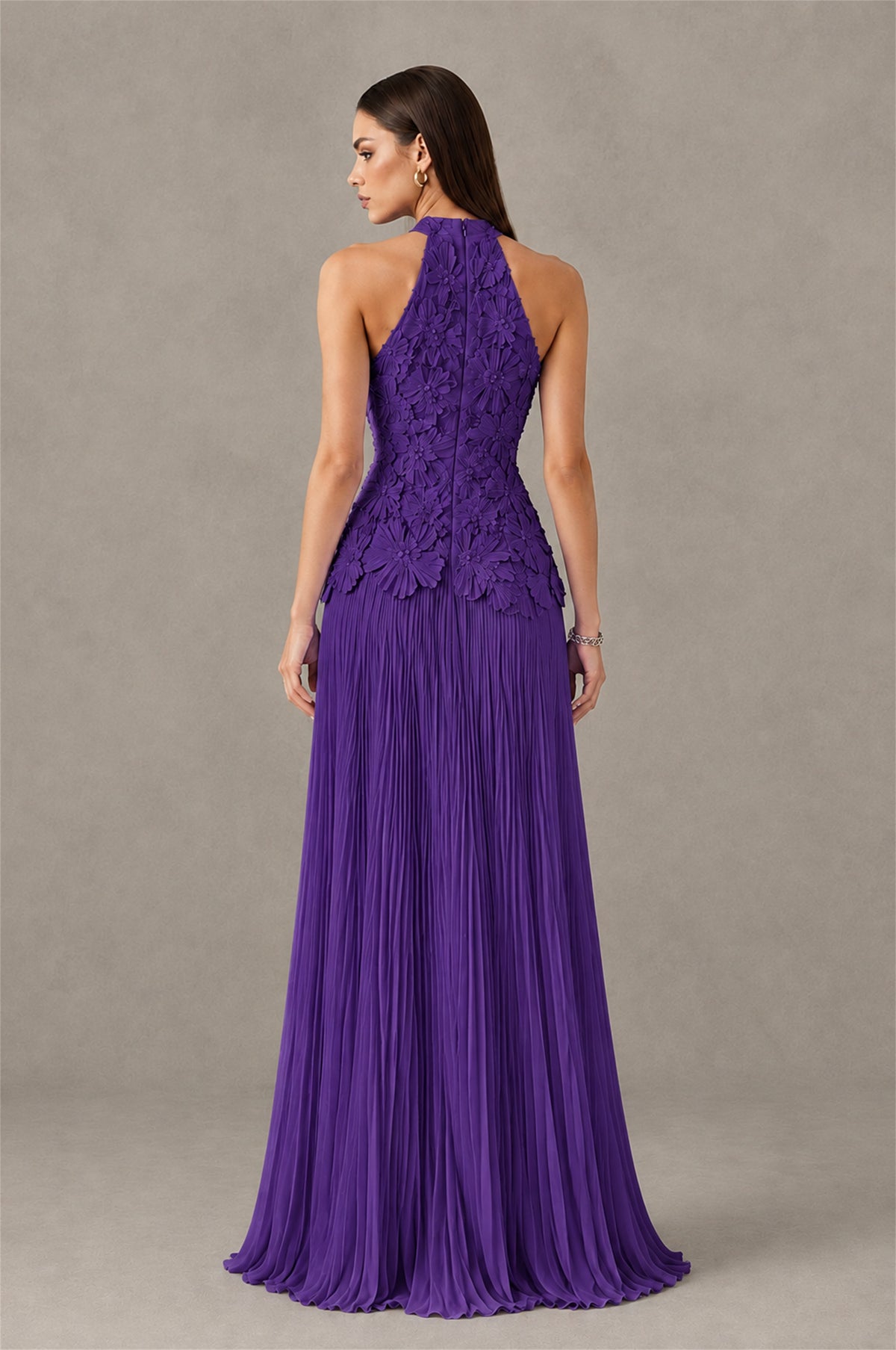 BOLODOO Purple 3D Floral Applique Halter Neck Open Back Pleated Maxi Dress - Purple