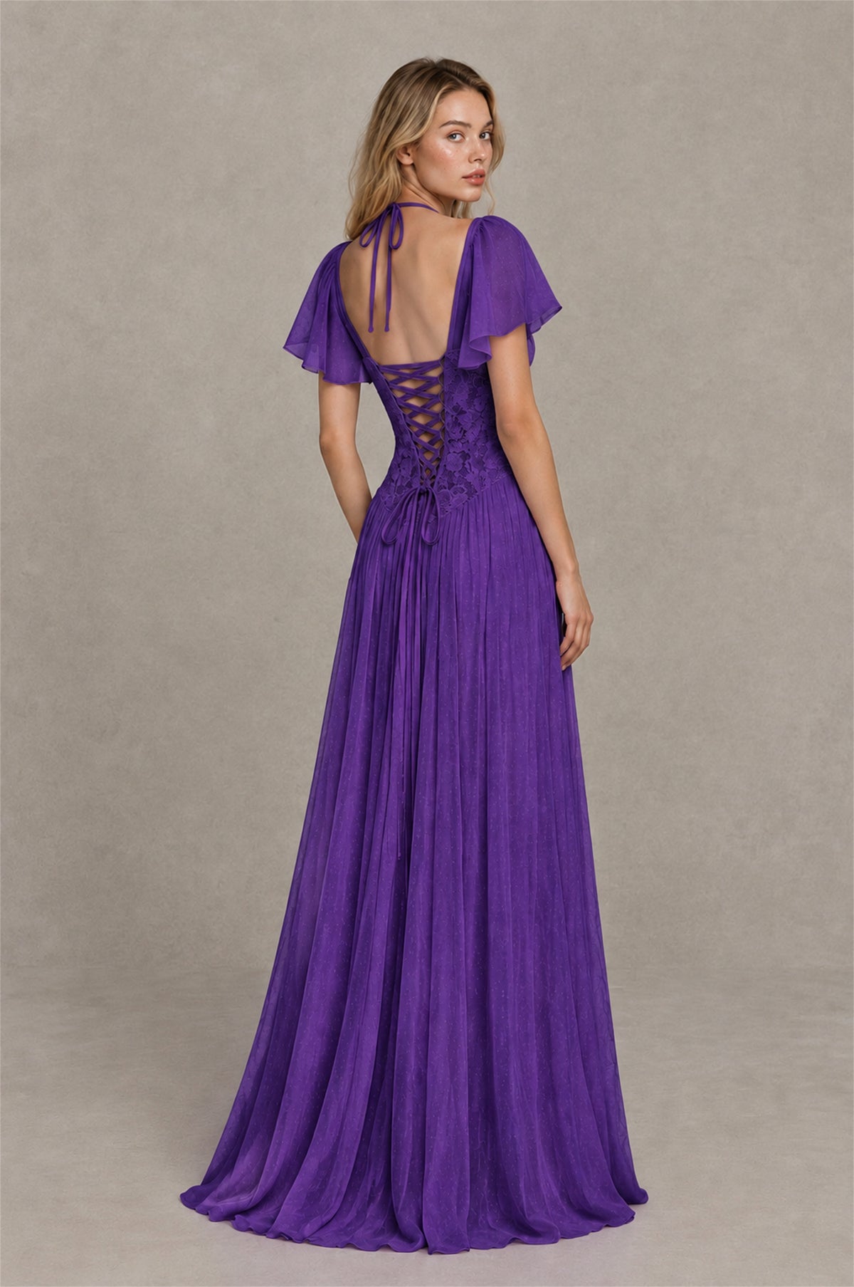 BOLODOO Purple Flutter Sleeve Lace Corset A-Line Maxi Dress - Purple - Purple (2)