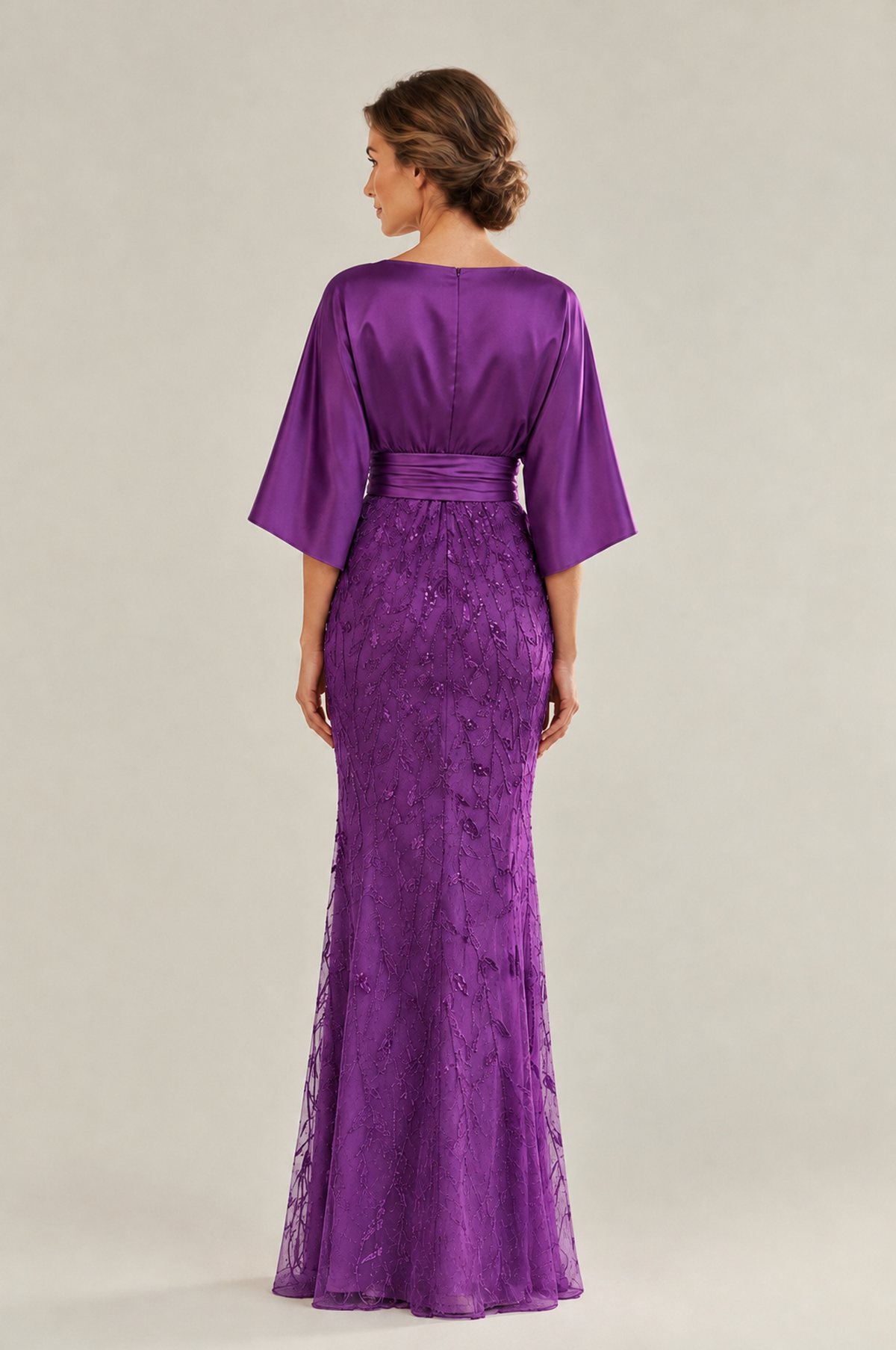 BOLODOO Purple Mother of the Bride Dress with Kimono Sleeves, Satin Bodice & Sequin Embroidered Mermaid Floor-Length Gown - Purple - Purple (2)