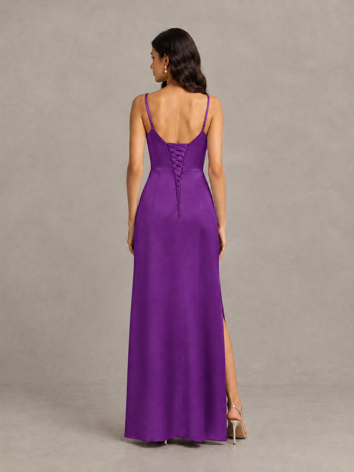 BOLODOO Purple Cowl Neck Satin Bridesmaid Dress with Slit - Purple - Purple (2)