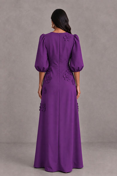 BOLODOO Purple Floral Applique Puff Sleeve A-Line Evening Dress - Purple - Purple (2)