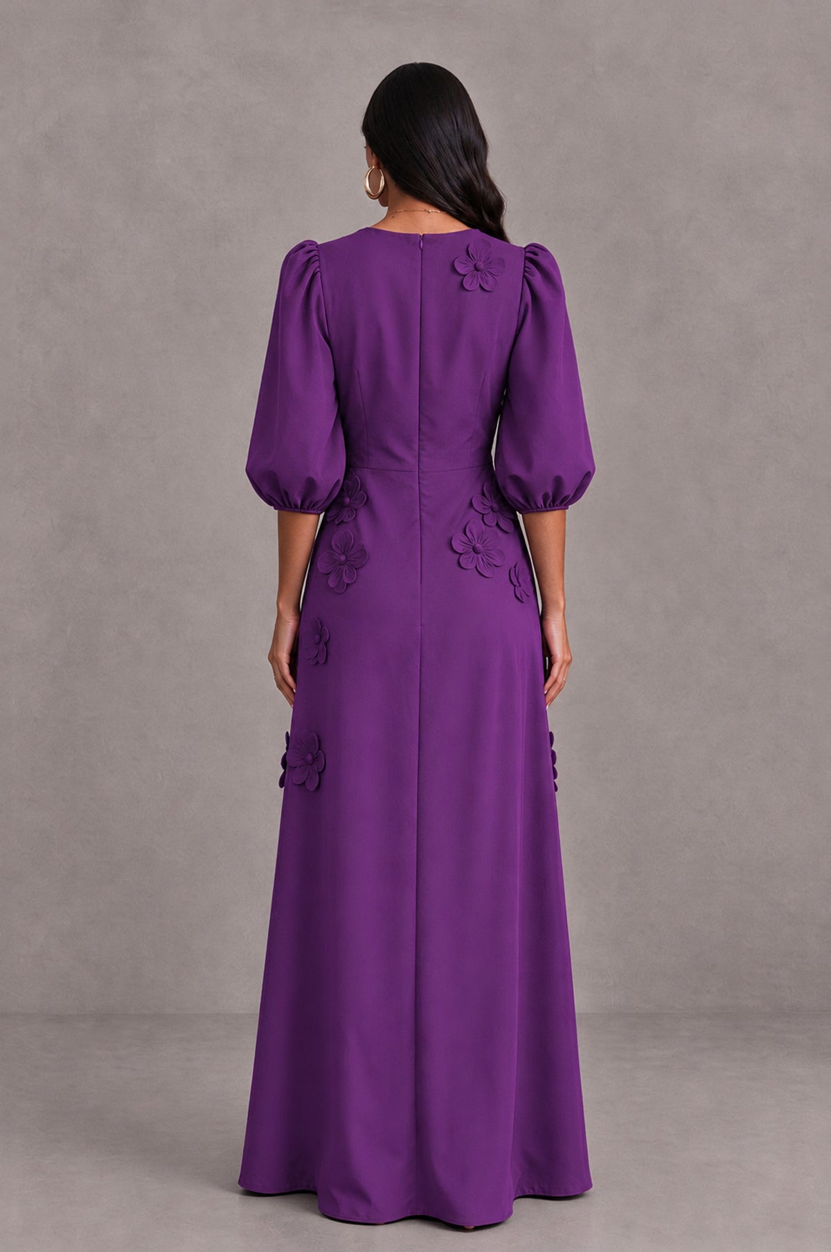 BOLODOO Purple Floral Applique Puff Sleeve A-Line Evening Dress - Purple - Purple (2)